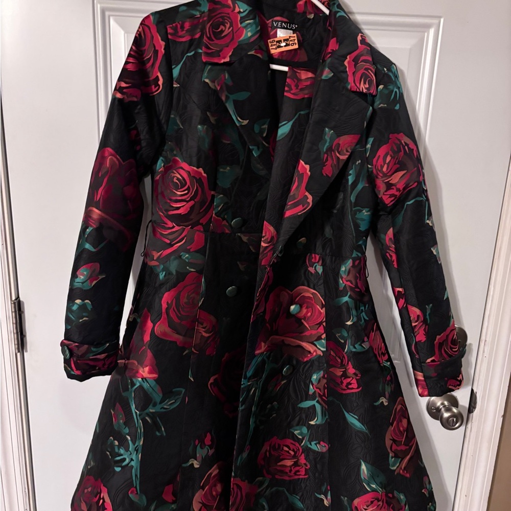 Venus stitched satin red floral trench coat with belt